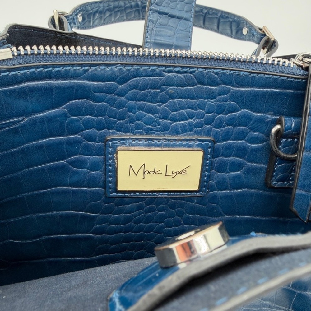 Moda Luxe Blue Croc Embossed Small Structured Tote Faux Leather Zip Top - Picture 4 of 4